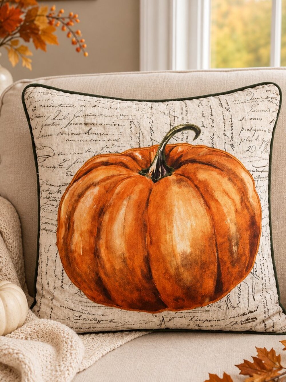 Fall Pumpkin Reversible Plaid Throw Pillow 16x16 Farmhouse Decor